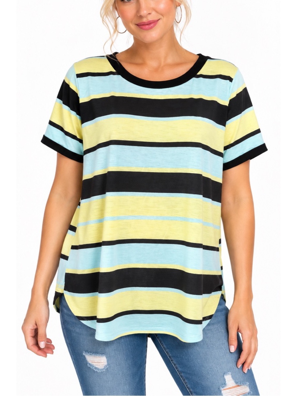 Sew in Love striped tee in mint/yellow/black